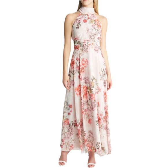 New Women’s Eliza J Floral Halter Neck Slim Maxi Dress Size 6 - Picture 1 of 13